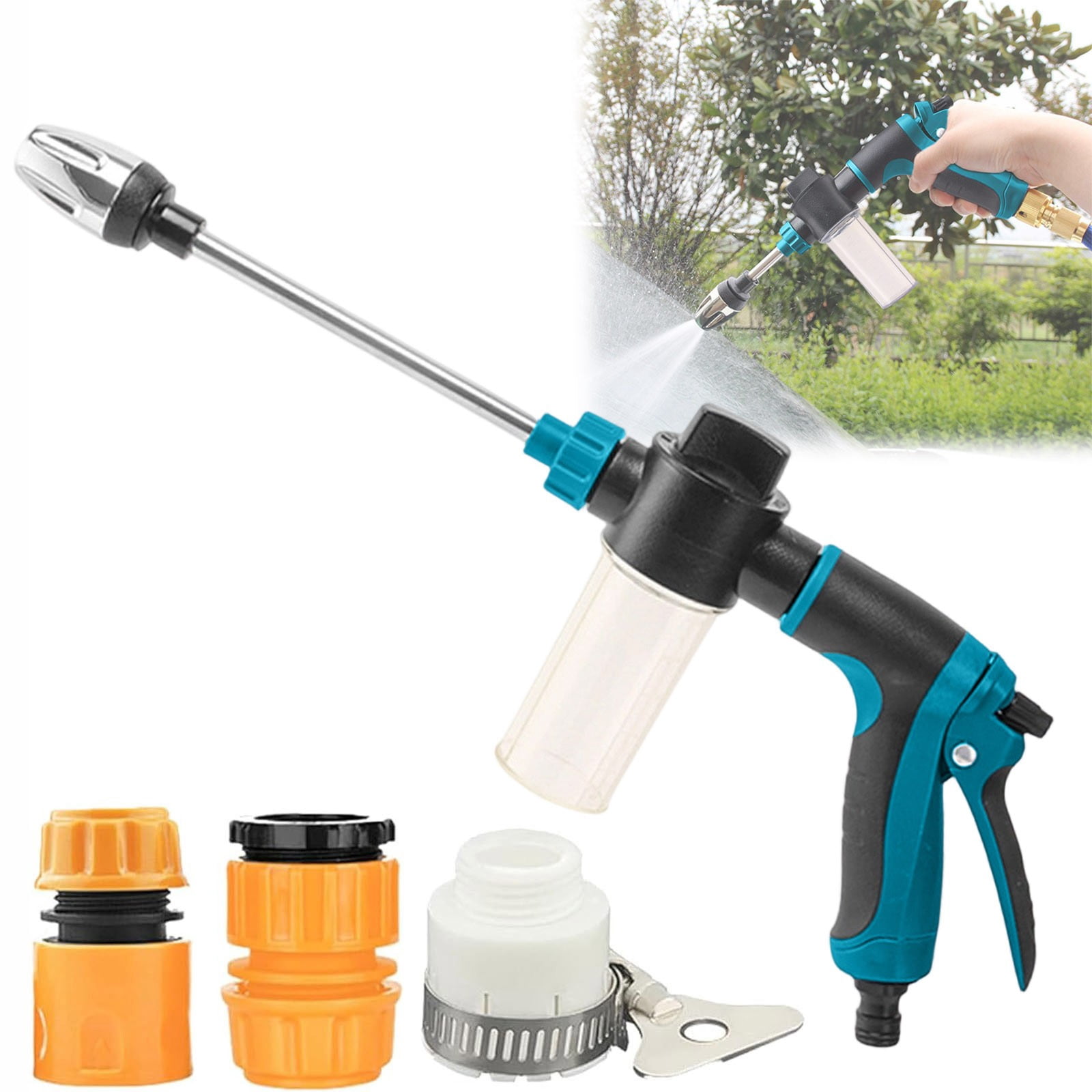 SCNOR High Pressure Garden Hose Spray Nozzle with Soap Bottle & 3 Connectors, Adjustable Car Wash Cleaning Tool for Outdoor Watering & Cleaning