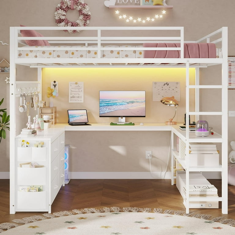 Afuhokles Full Loft Bed with U-Shaped Desk, Drawers and Shelves, White photo 4