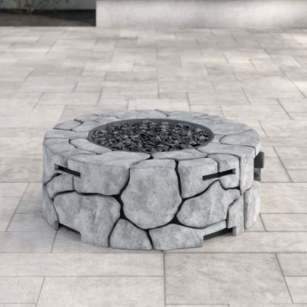 E-Western 9 Inch High x 28 Inch Wide Fiber Reinforced Concrete Outdoor Fire Pit in Stone Gray for Backyard Patio Garden
