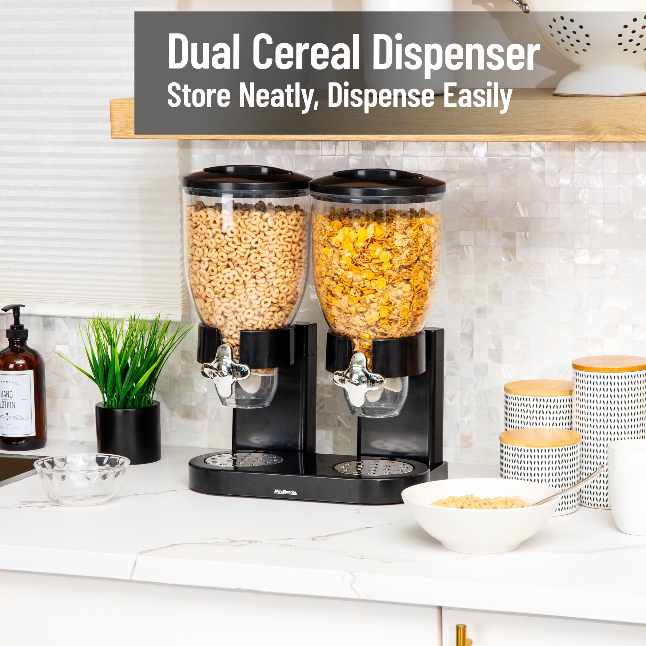 Mind Reader Double Dry Food Dispenser, 2 x 3.5L Countertop Containers for Cereal, Granola, Candy, Rice, and Coffee Beans, Black
