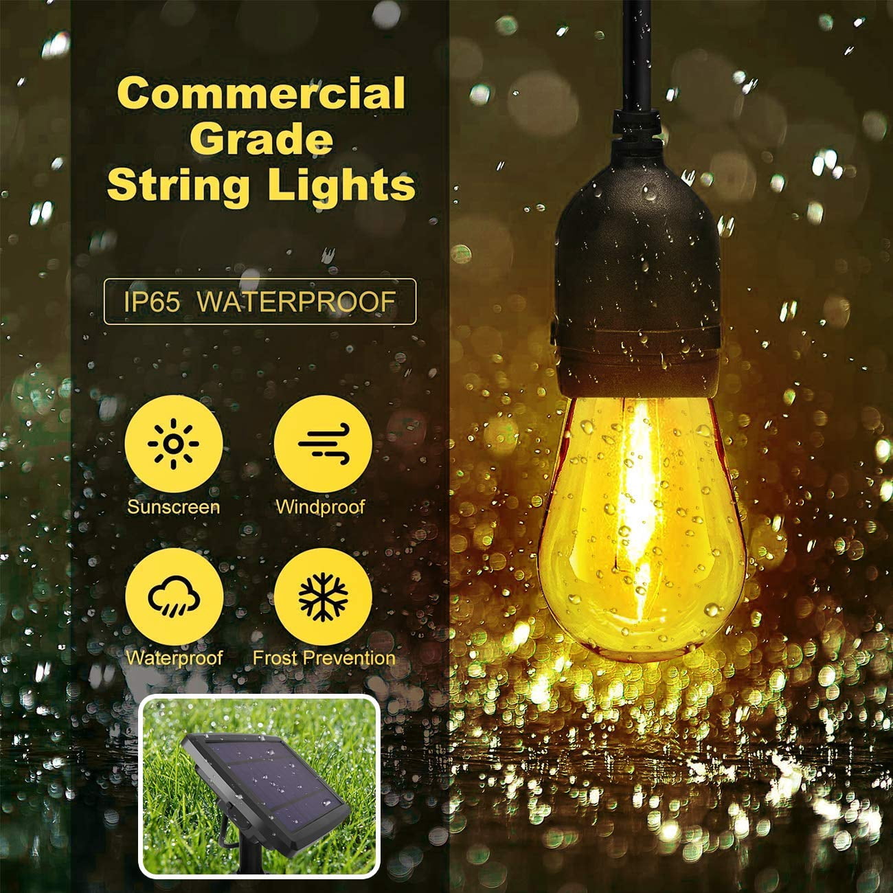 48FT Solar-Powered Outdoor String Lights With 15 Lights Commercial Grade Strand For Patio, Porch, Deck, Party