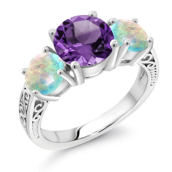 Gem Stone King 3.70 Ct Round Purple Amethyst White Simulated Opal 925 Sterling Silver 3-Stone Ring (Size 7)