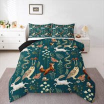 Manfei Cartoon Fox Owl Animal Queen Comforter Set, Rustic Plant Botanical Bedding Sets, Teal Bohemian Style Reversible Bedding Comforter Set, Super Cozy Room Decor, 3-Piece
