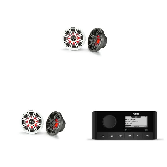 Fusion MS-RA60 Marine Stereo With Wireless Connectivity w/ ( 2 Pair ) KM65 6.5-Inch (165mm) Marine Coaxial Speakers with 3/4-Inch Tweeters, LED, 4-Ohm, Charcoal and White Grilles