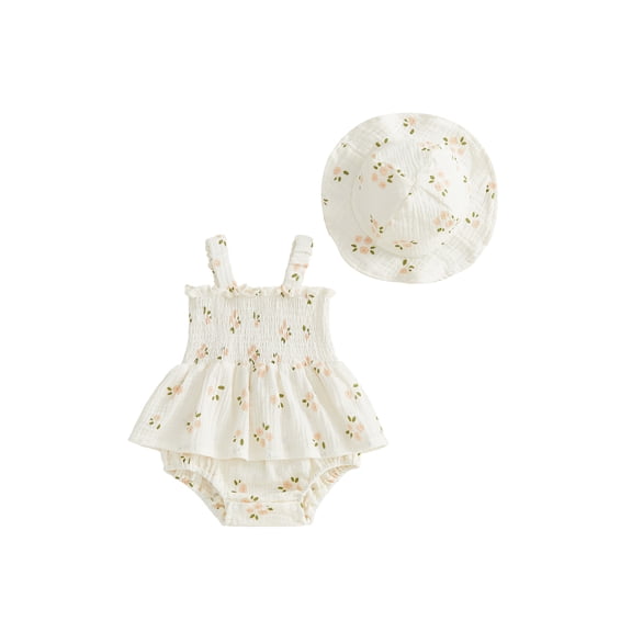 BemeyourBBs Infant Baby Girl Summer Clothes Outfit Baby Girls Smocked Romper Dress Sleeveless Square Neck Floral Print Bodysuit Princess Dress and Sun Hat Set 3 6 9 12 18 Months