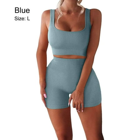 

2 Piece Running Running Shorts Ribbed High Waist Workout Sets for Women Seamless Workout Sets Sport Bra Yoga Sets BLUE L
