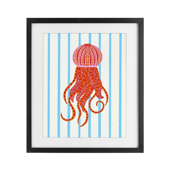 Stupell Industries Bohemian Bright Aquatic Jellyfish on Stripes Black Framed Print Under Glass, 13 x 16, by Indira Prieto | IndySign