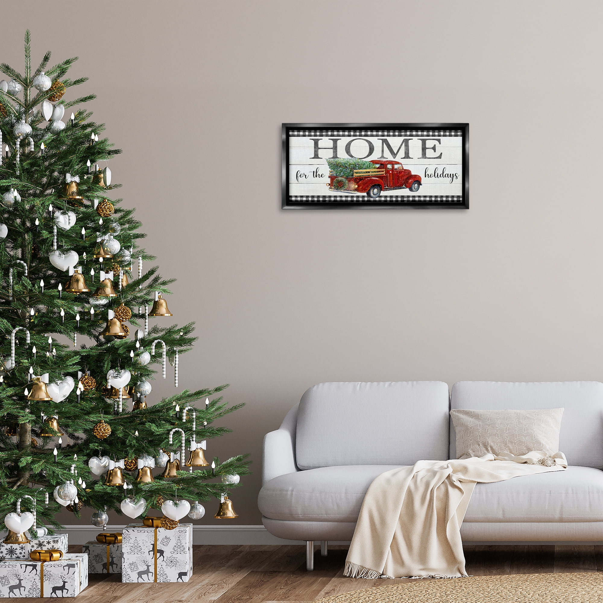 Stupell Industries Home For Holidays Truck Holiday Painting Black Floater Framed Canvas Art Prints Wall Art, 31 x 14