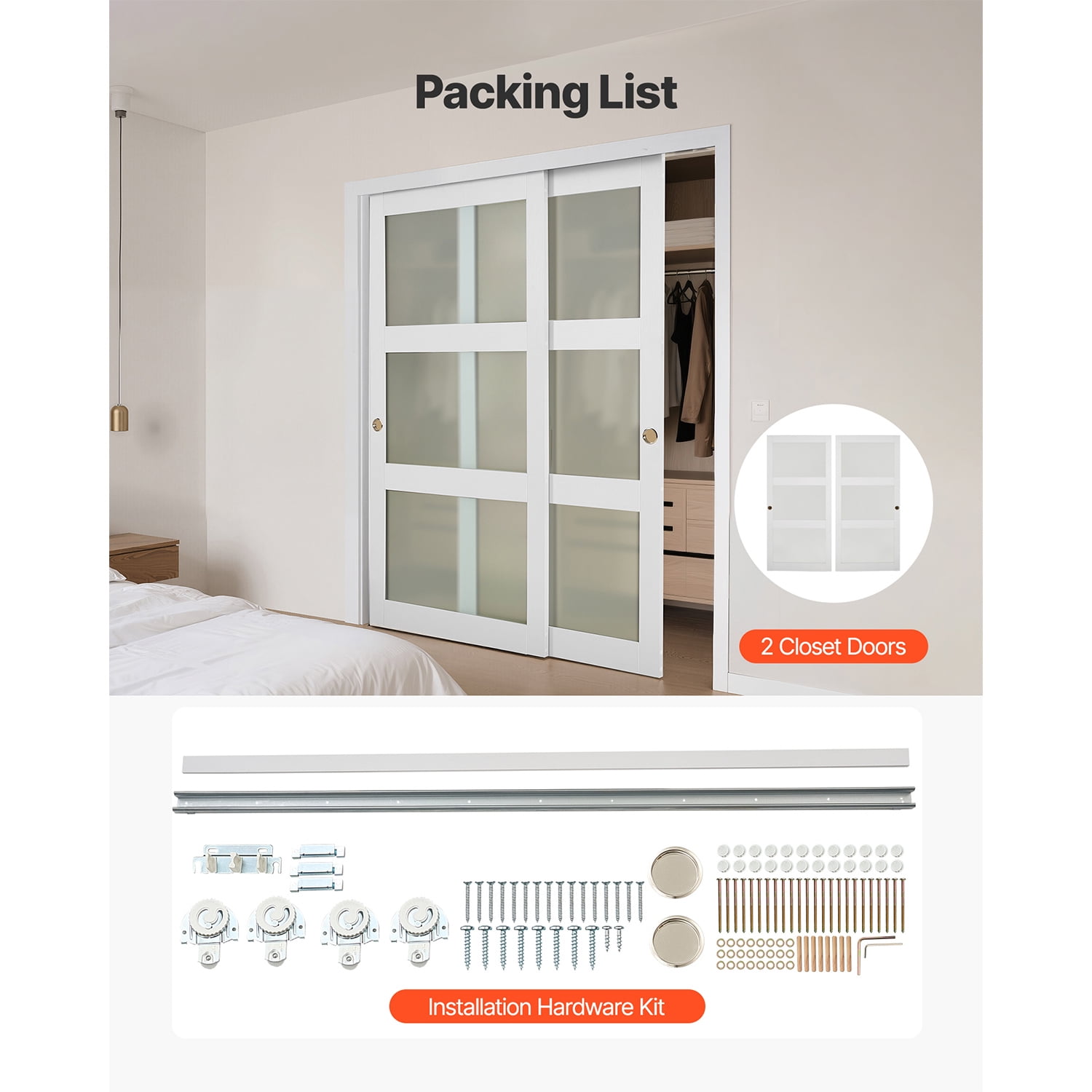 KFFKFF Sliding Closet Door Bypass BL5‑72 Wood & MDF with Frosted Glass 72 x 80 in White 2‑Panel Set