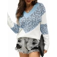 thumbnail image 2 of Female Striped Sweater Casual Leopard Long Sleeve V Neck Chunky Knit Drop Shoulder Pullover Jumper Tops Blue L, 2 of 8