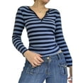 thumbnail image 3 of Franhais Women  Long Sleeve Crop Top Stripe V Neck Top Tee Sexy 90s E-Girl Slim Fit Vintage Blouses Streetwear, 3 of 6