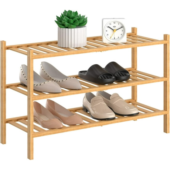 3 Tier Bamboo Shoe Rack for Closet Free Standing Wood Shoe Shelf Storage Organizer for Entryway Small Space Stackable, Natural
