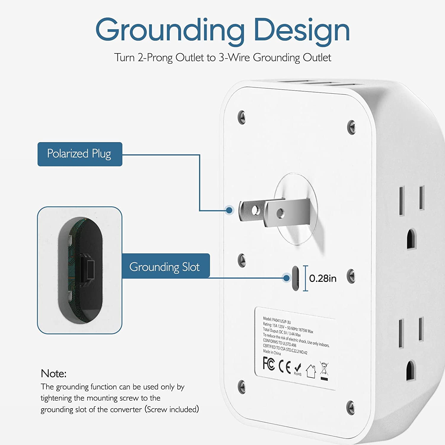 RGHJAR-2 Prong Surge Protector Power Strip with USB Ports,2 Prong to 3 Prong Grounding Outlet Adapter,Multi Plug Wall Outlet with 6 Outlets 3 USB,Wall Plug Extender for Non Grounded Older House