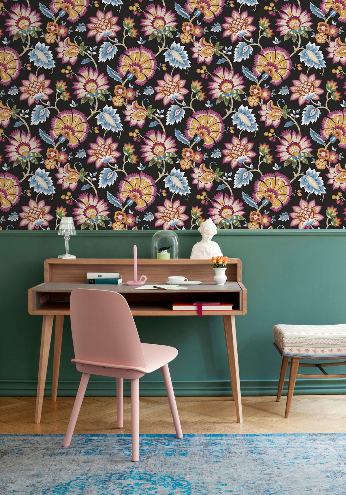 NextWall Cosmic Black Jacobean Blossom Floral Peel and Stick Wallpaper
