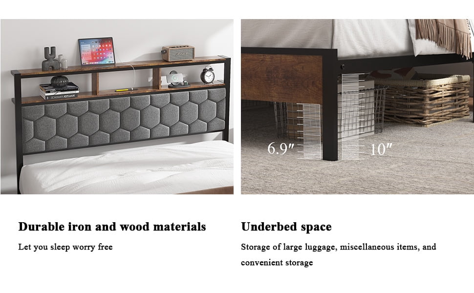 Yoneston Queen Size Bed Frame with Upholstered Storage Headboard and USB Charging, Retro Metal Platform Bed Frame with Under-Bed Storage Noise Free for Bedroom, Brown