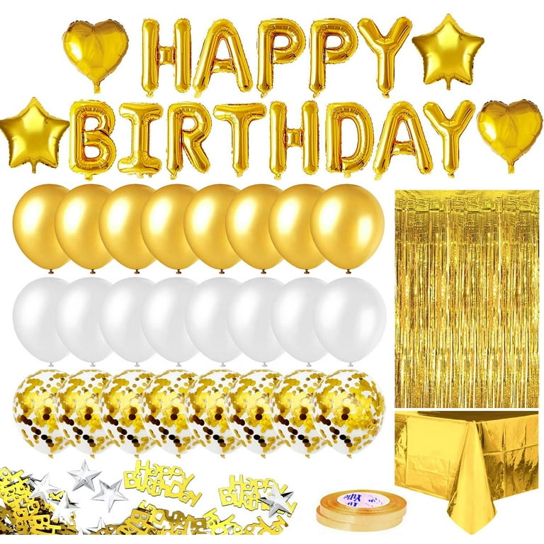 Birthday Party Decorations, Happy Birthday Banner and Heart Star Foil  Balloons with Balloon Ribbon, Fringe Curtain and Foil Table 