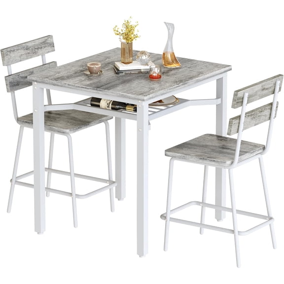 MIERES Counter Height Dining Set for 3 Piece,Small Kitchen Table Set with Storage Shelf, Farmhouse Bar Table Set for Small Spaces, Dining Room, Kitchen, Rustic Gray