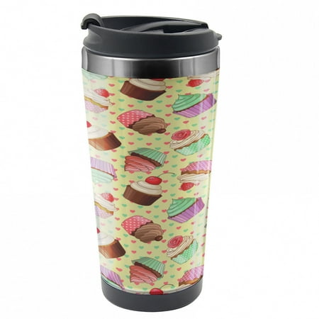 

Coffee Travel Mug Bakery Polka Dots Steel Thermal Cup 16 oz by Ambesonne