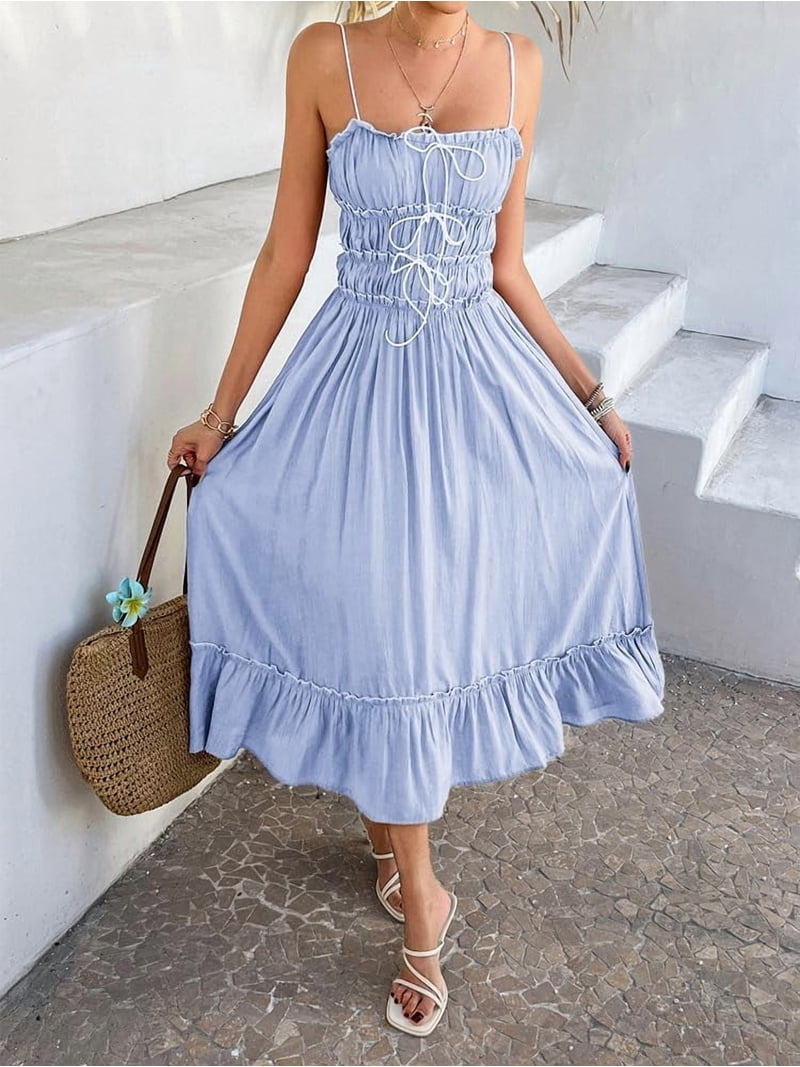 white christmas dresses Women Maxi Dress, Elastic Waist Flowy Long Ankle Length Short Sleeve Pockets Boho Spring Summer Cute M / White