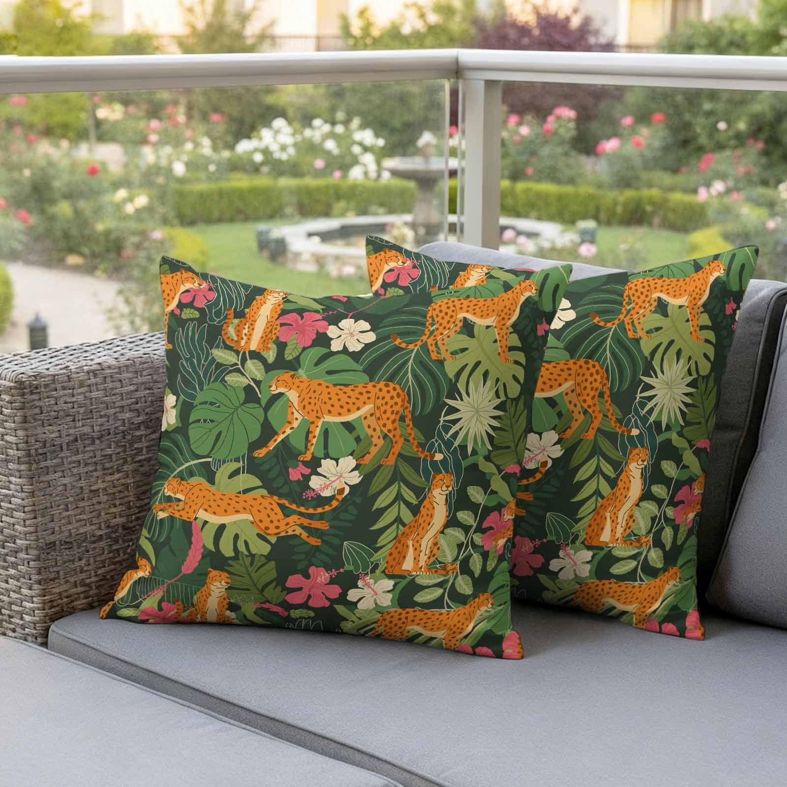 Tropical Plants Outdoor Waterproof Pillow Covers, Summer Botanical Animals Flowers Leaves Decorative Square Throw Pillowcase Sofa Cushion Sham for Patio/Couch/Chair, 18"x18" 2 Pack