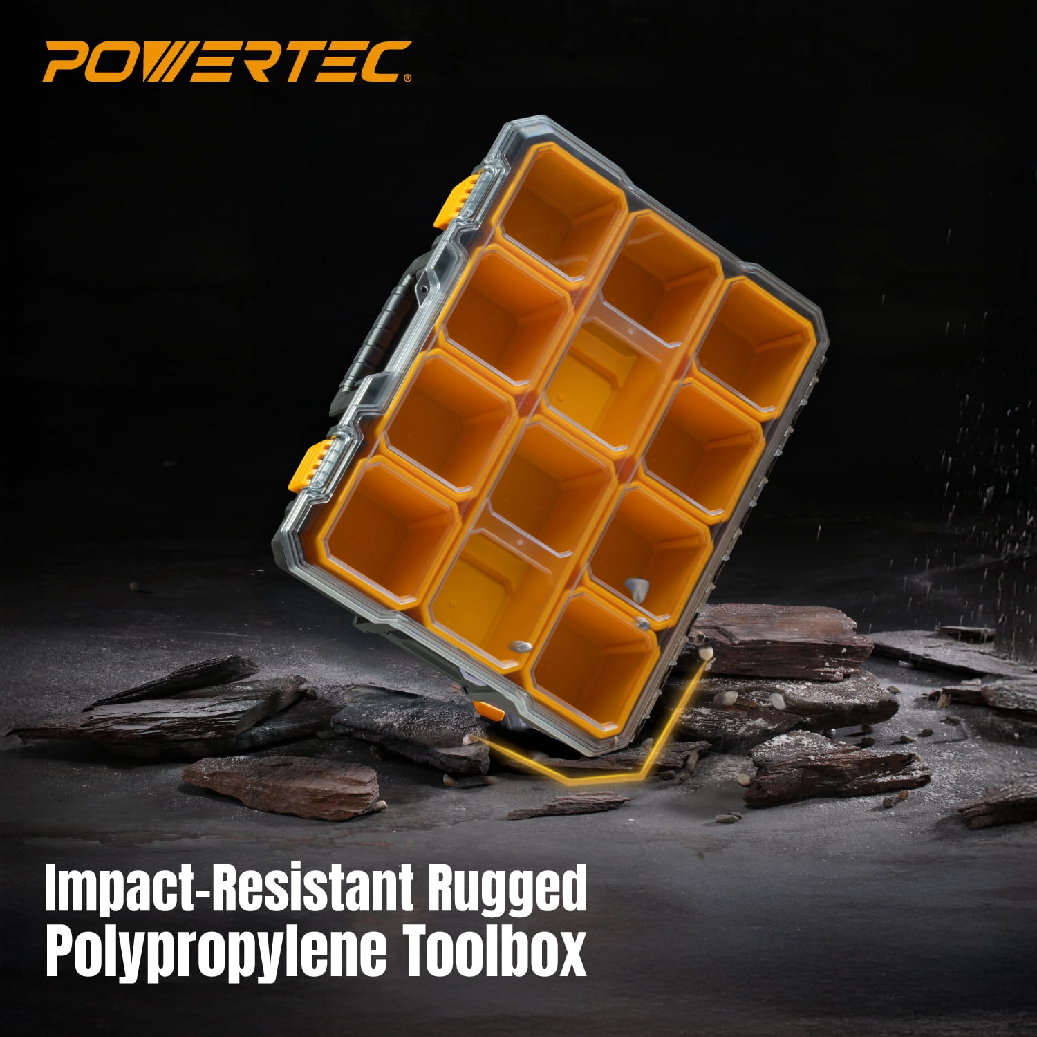 POWERTEC 2PK Small Parts Organizer & Tool Box – 10 Compartments, IP65 Water & Dust Protection, Stackable Storage with Interlocking Latch, Removable Tray, Clear Lid, Portable Design (72365-P2)