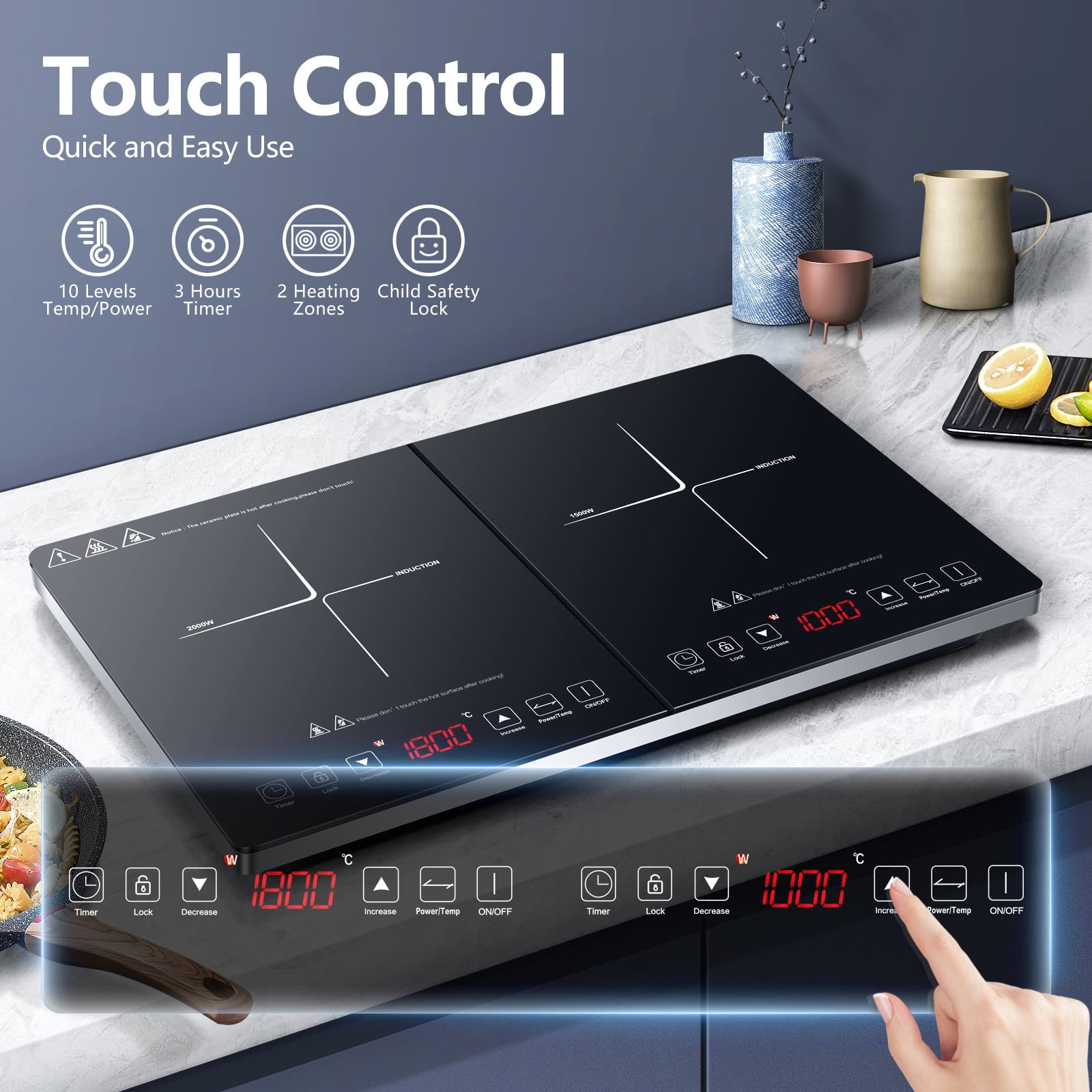 Sunmaki Double Induction Cooktop Portable Electric Stove 2 Burners Electric Cooktops 1800W, 10 Temperature & Power Levels