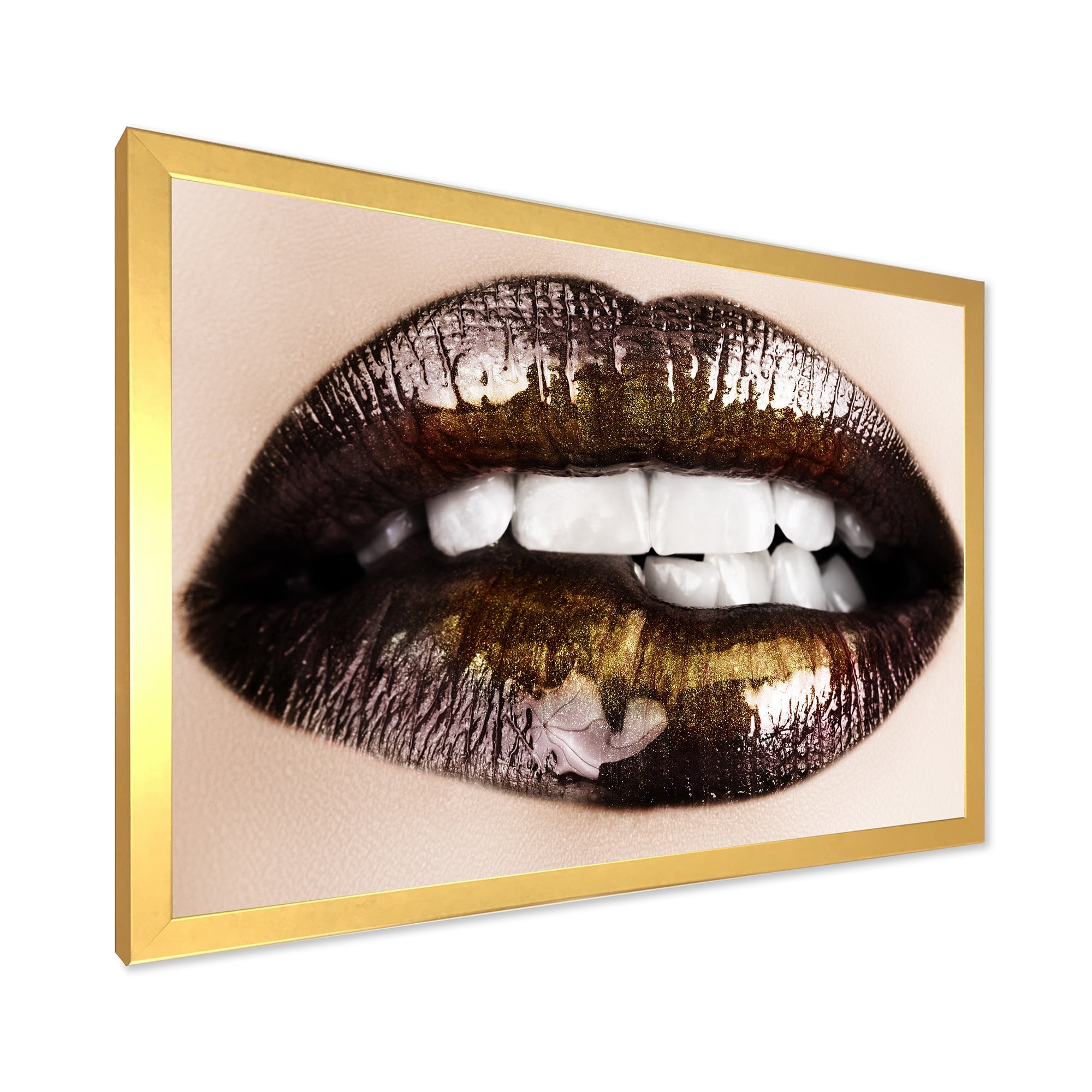 Designart 'Gold Black Lips Biting' Modern Framed Art Print