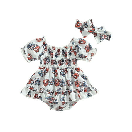 

Cenuakty Baby Girl 4th of July Outfits Short Sleeve Frill Smocked Romper Dress with Headband Set