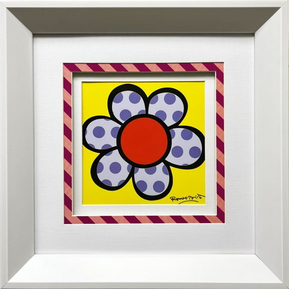 Romero Britto Framed "Flower Power" WHITE FRAME Purple PD Custom Matted Art Generic