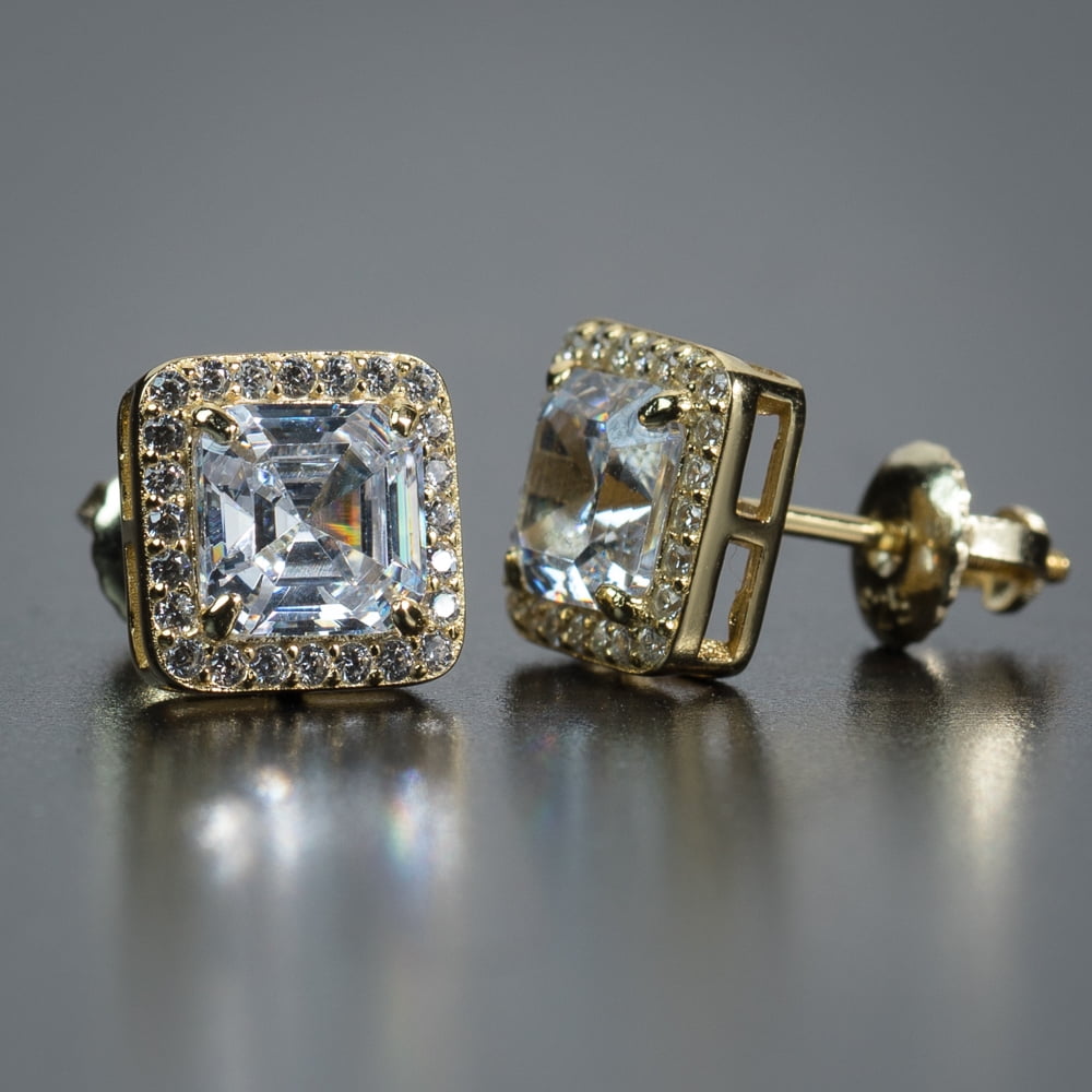 Ice Out Baguette Yellow Gold Plated 925 Sterling Silver Unisex Hypoallergenic Asscher Cut 5A Cz Stone Square 9mm Iced Hip Hop Micro Pave Stud Screw Back Post Earrings Jewelry Gifts For Men Women