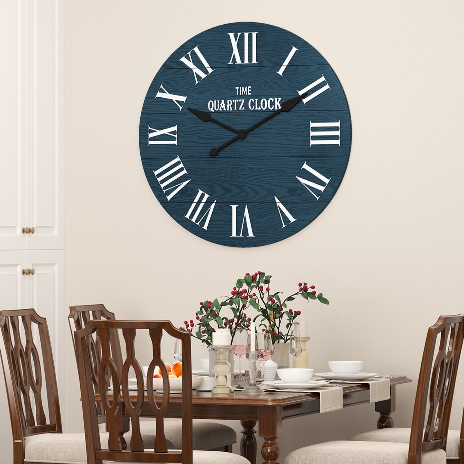 HLR 35.5” Farmhouse Large Shiplap Round Wall Clock with Roman Numeral for Living Room Decor, Navy Blue