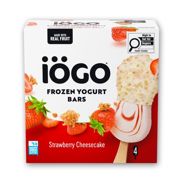 IÖGO Frozen Yogurt Bars, Strawberry Cheesecake, 1/2 Dipped White Chocolatey Coating, 4 x 80 ml