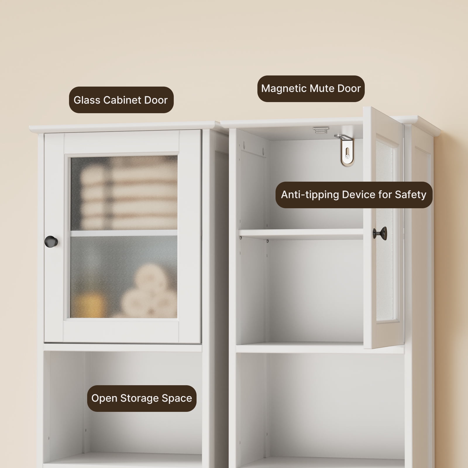 Aiho Bathroom Storage Tower–Two-Way Doors, Adjustable Shelves, Anti-Tip Freestanding Linen Cabinet for Home, Kitchen, Living Room White