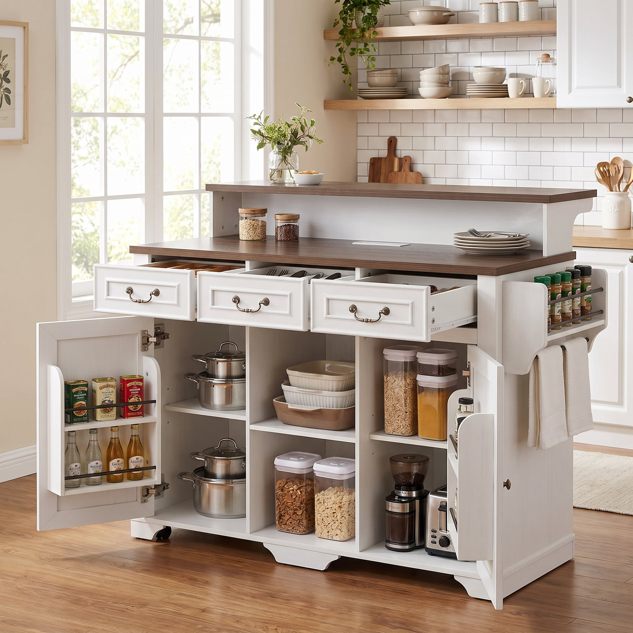 Homy Casa 52" Farmhouse Kitchen Island Cart with Power Outlet, Rolling Storage Cabinet, White
