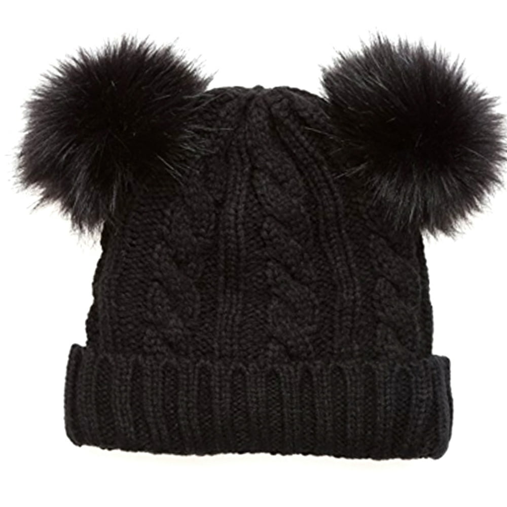 Juniors Black Cable Knit Pattern Faux Fur Double PomPom Adorned Beanie