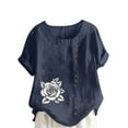thumbnail image 2 of QUNYINEY Short Sleeve Shirts for Women Trendy Floral Pullover Casual Crew Neck Tops Button Linen Loose Womens Summer Tops, 2 of 4