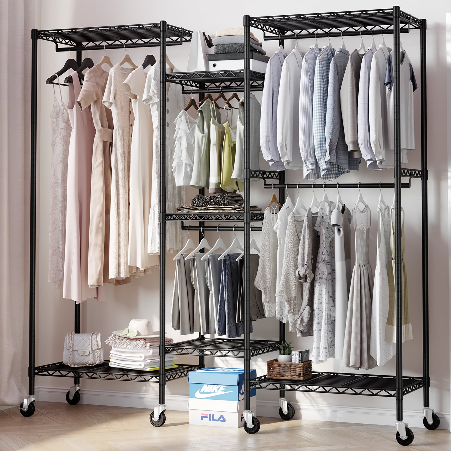 Seville Classics Heavy Duty Metal Rolling Closet System – Adjustable Wardrobe Shelves – Free Standing