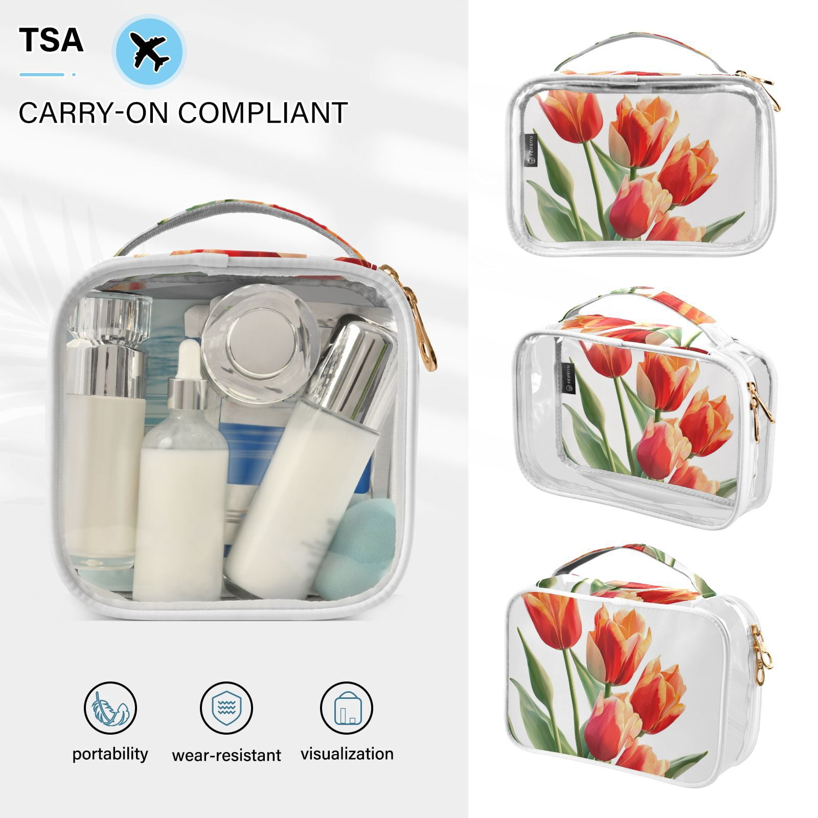 Clear Makeup Bags with Handle Large Opening 2 Pack Set Toiletry Bag Quart Size Bag, for Women Man Traveling Travel Essentials, Toiletries and Other. Tulipa Flower