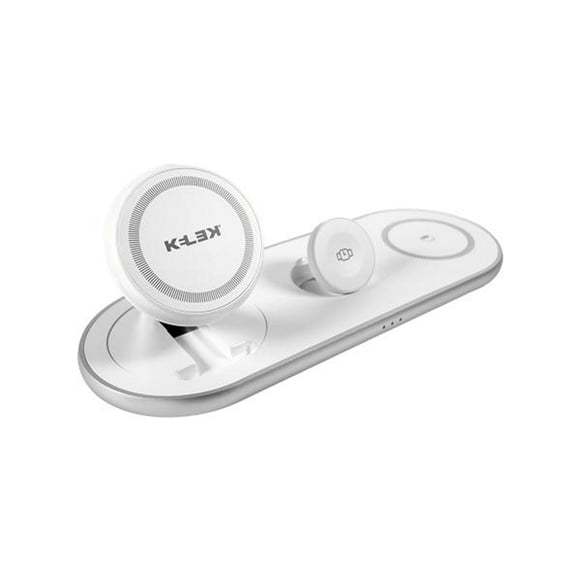 cargador inalámbrico 3 en 1 kelek con soporte plegable y carga magnética blanco