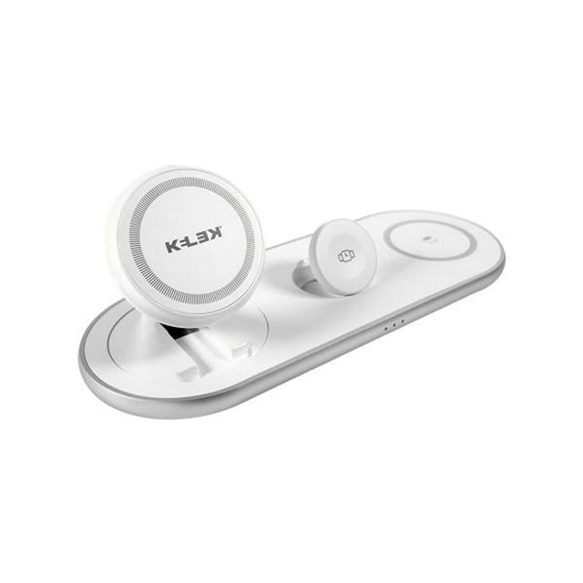 cargador inalámbrico 3 en 1 kelek con soporte plegable y carga magnética blanco