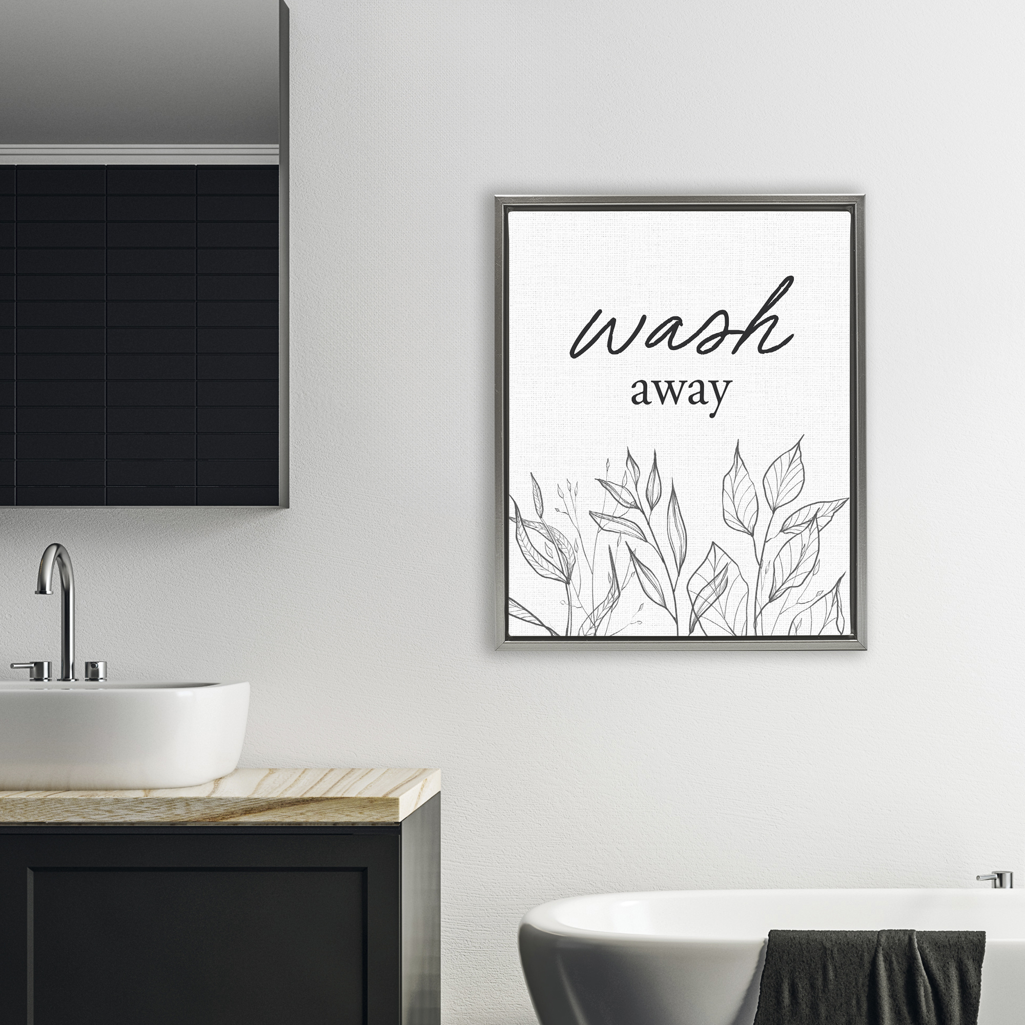 Minimalist Leaves Wash Away Gray Framed Floater Canvas Wall Art, design by Lettered and Lined