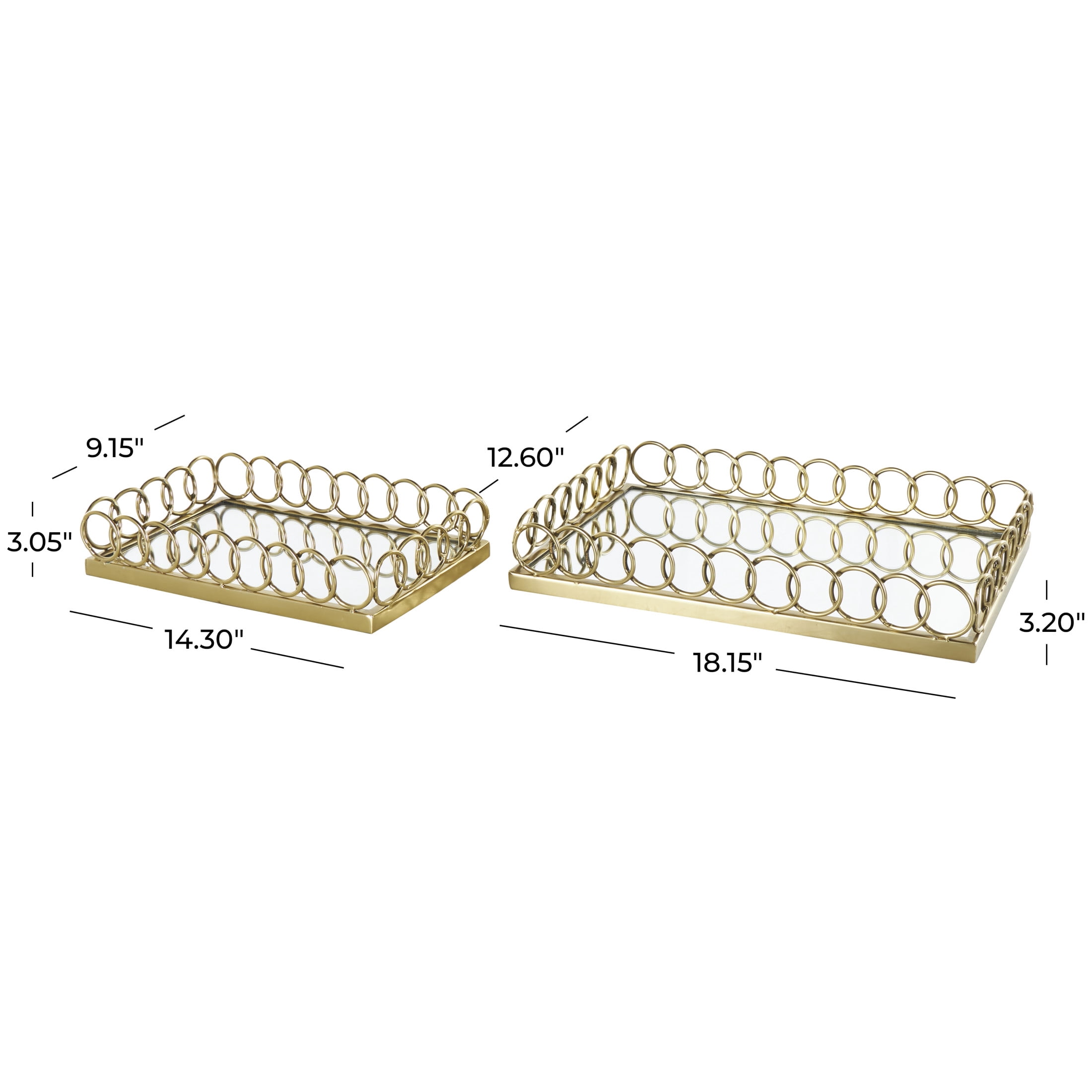 DecMode 18", 14"W Gold Stainless Steel Metal Mirrored Geometric Tray with Wire Rod Frame, 2-Pieces