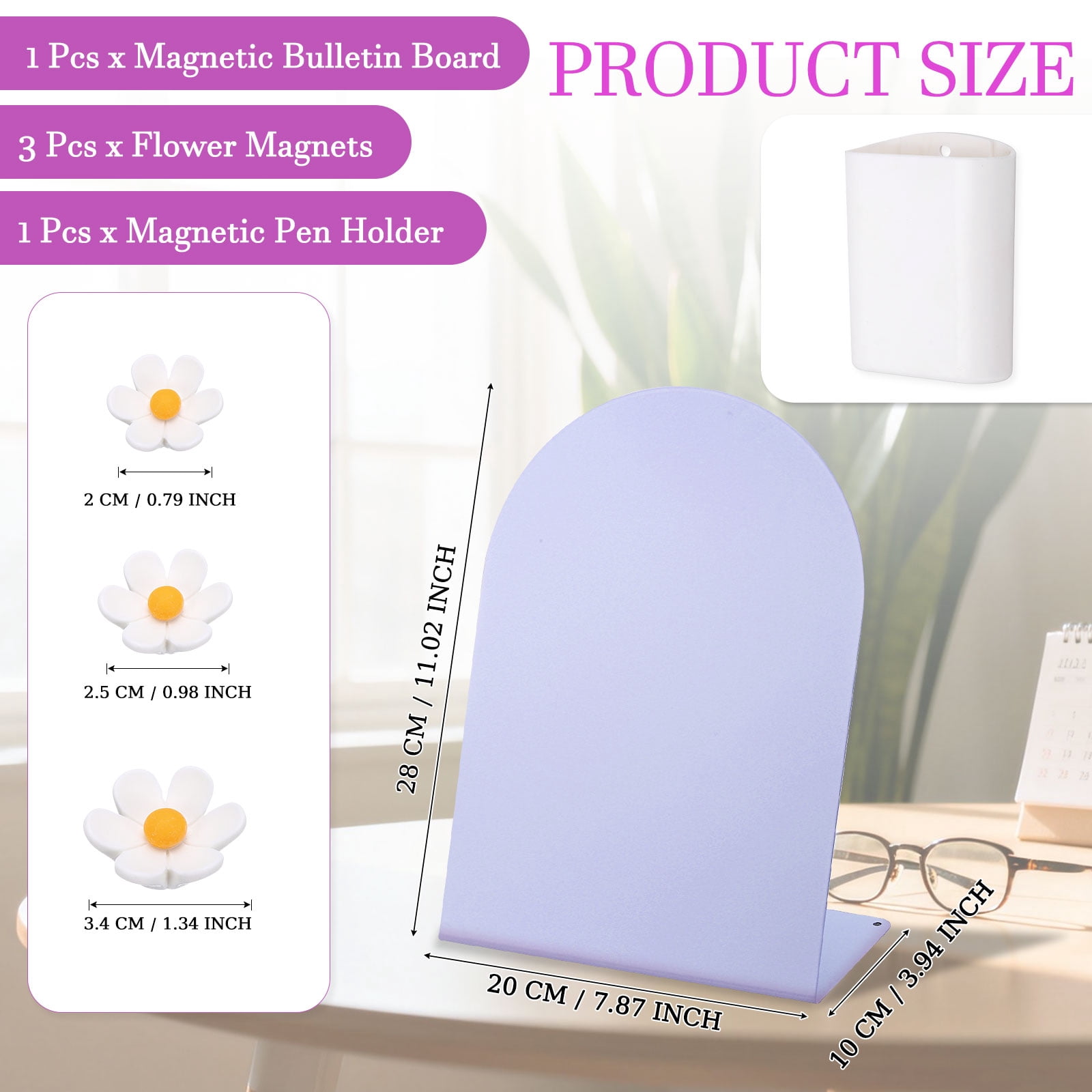 Uxcell Magnetic Bulletin Board, Memo Magnet Display Stand Board with 3 Flower Magnets & Pen Holder for Home Office, Purple/White