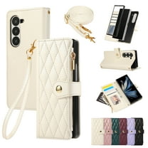 Crossbody Wallet Case for Samsung Galaxy Z Fold 6 with Zipper Card Holder & Shoulder Strap & Wrist Strap, RFID Blocking PU Leather Magnetic Flip Kickstand Handbag Purse Case for Women Girls,Beige