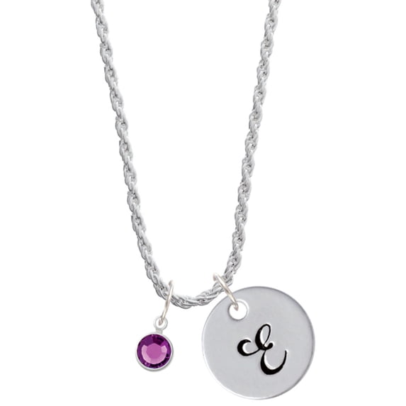 Delight Jewelry Crystal Purple Channel Drop Silvertone Script Initial Disc - E - Charm Necklace, 20"+3"