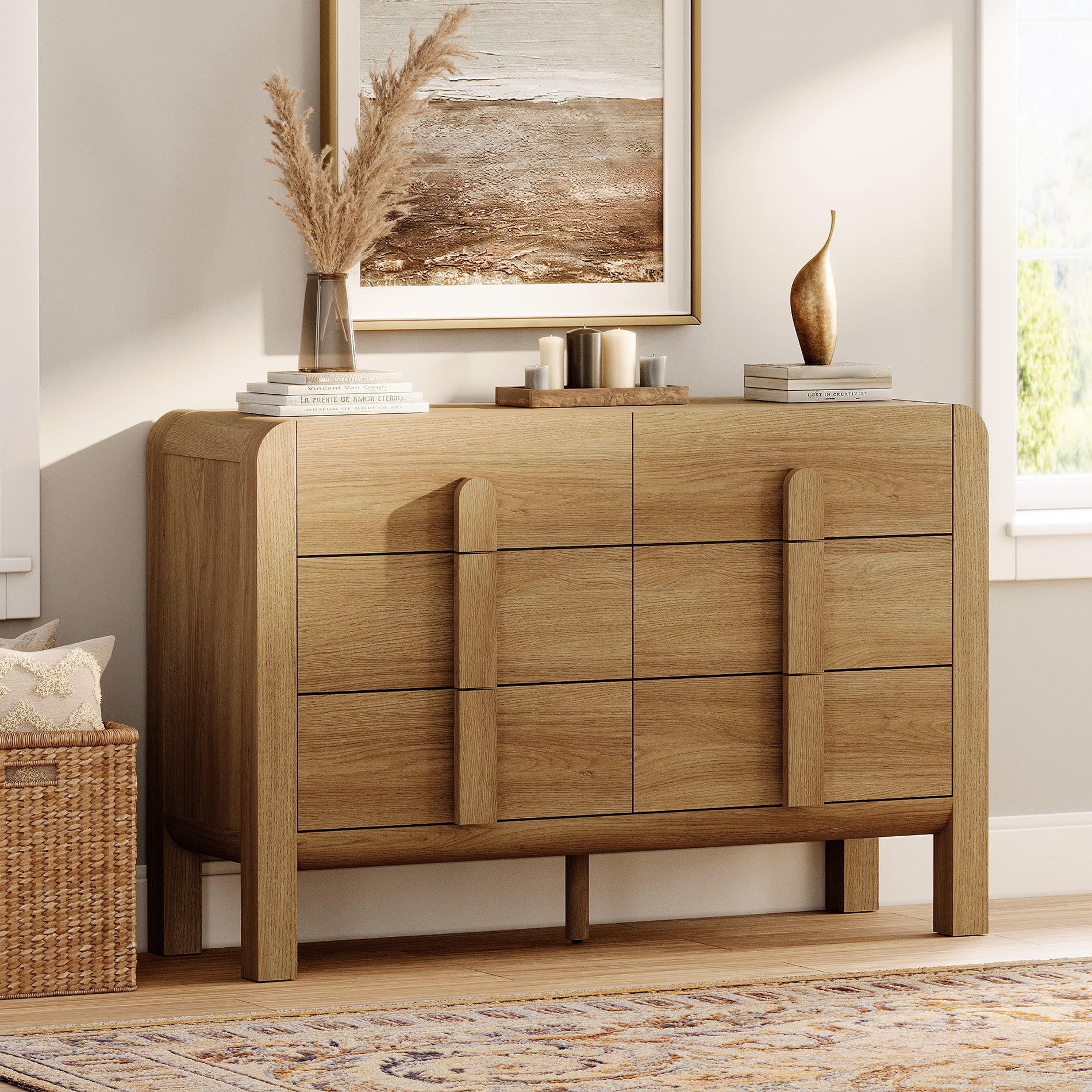 5 Pcs Dresser and Nightstand Sets for Bedroom，Night Stand Set of 2, Mid-Century Modern Bedroom Set with Curved Profile Design, Wooden Storage Cabinet Set