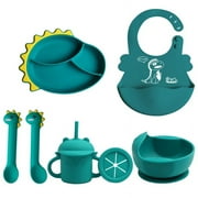 BPA Free Silicone Baby Feeding Set Cartoon Dinosaur Plate with Straw Suction Bowl Spoon Fork Snack Cup Bibs Children Dishes-7PC Set-E