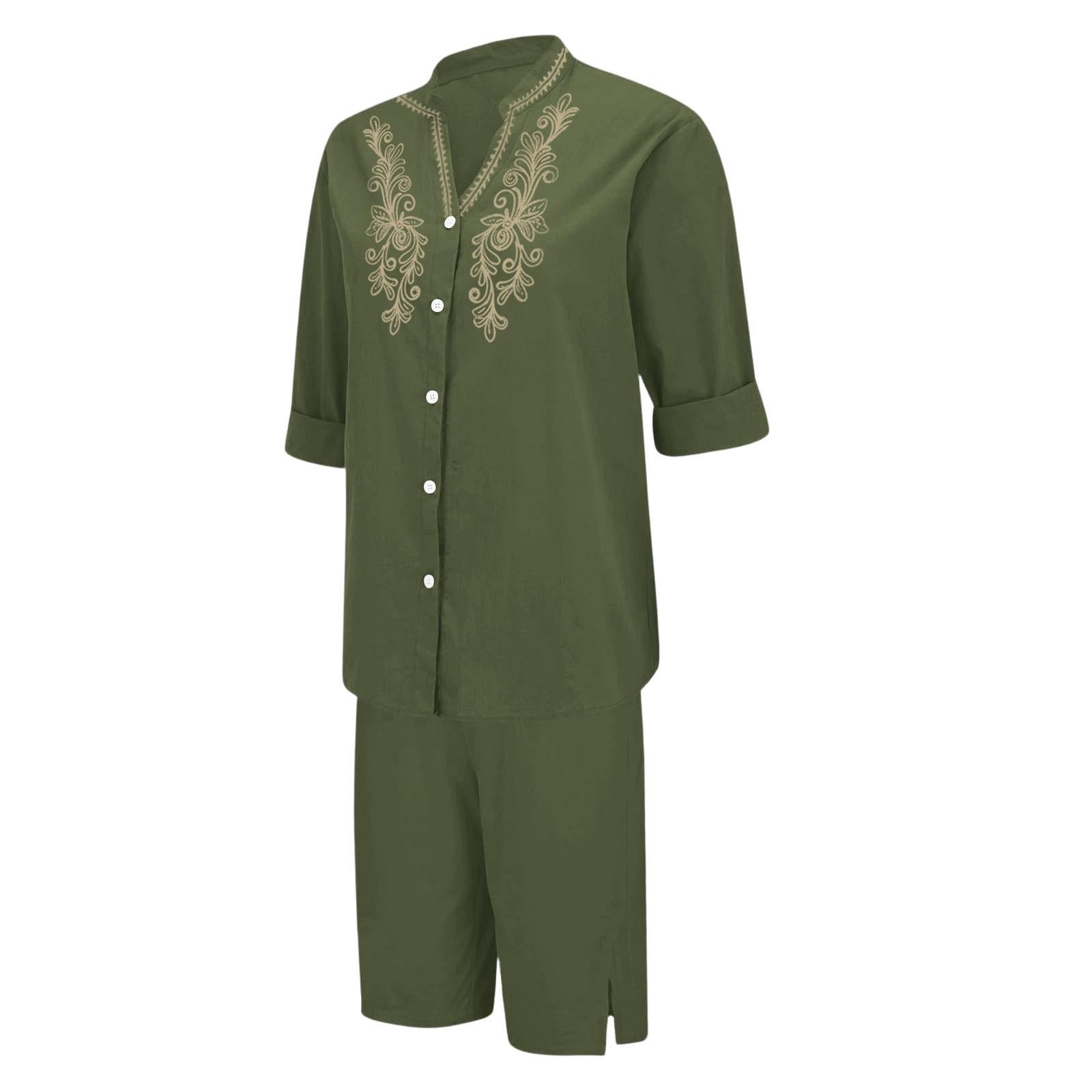 Womens 2 Piece Outfits Short Sleeve Cotton Linen Embroidered Shirts Wide Leg Capri Pants Matching Sets
