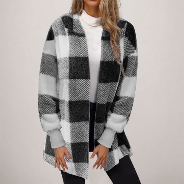 Chaqueta y abrigo informal de manga larga sin capucha para mujer, de invierno, de polar de doble cara, a cuadros, de manga larga, tipo cárdigan, abrigo, blusa de poliéster