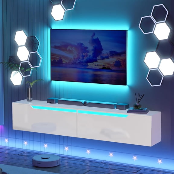 Floating LED TV Stand for 85 Inch TV with Cabinet, 71 Inch Wall Mounted Modern Entertainment Center Media Console with Storage,White
